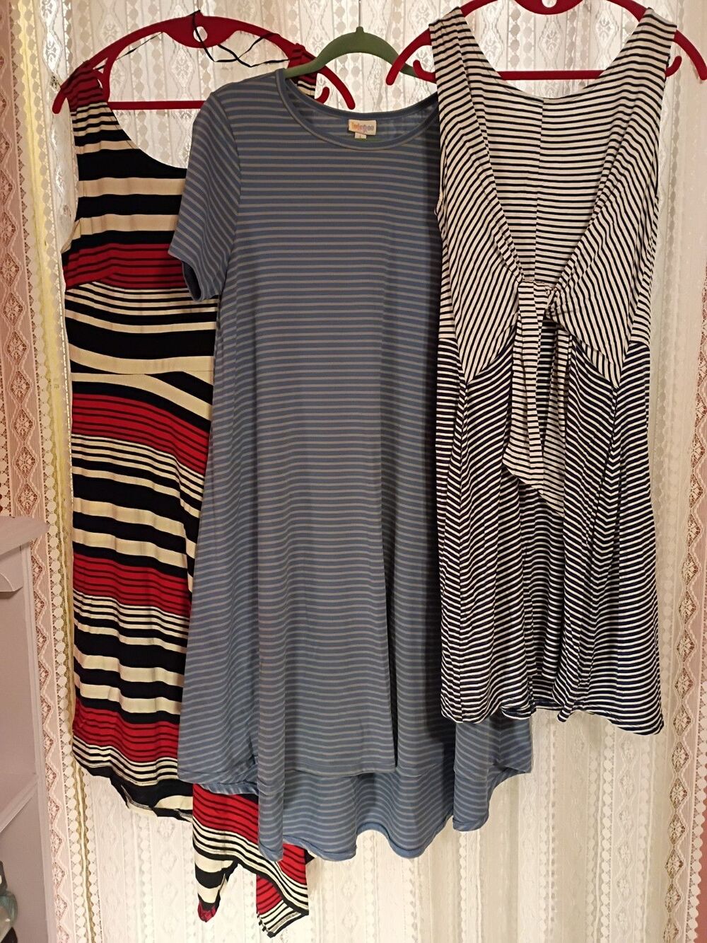 Summer Bundle, 4 Large Knit Blue, White Striped Sleeveless Short Sleeve Dresses